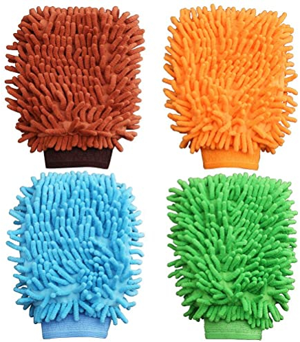 Kuou 4 Pcs Car Wash Mitts, Double Sided Microfiber Mitts Super Absorbent Microfibre Gloves Microfibre Cloth for Car & Household Cleaning (Random Color)
