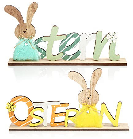 COM-FOUR® 2X Deko Aufsteller für Ostern, Schriftzug mit Osterhasen | Osterdeko zum Hinstellen - Osterdekoration aus Holz