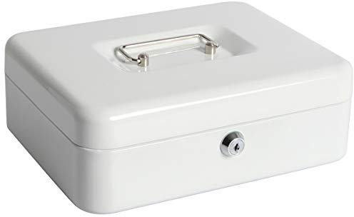 Cash Box with Money Tray, Parrency Large Money Box with Key Lock, 9.8 x 7.9 x 3.5 inches, White