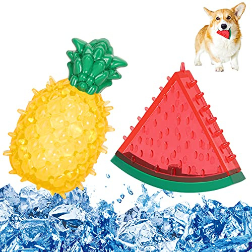 Pawaboo Pet Teether Cooling Chew Toys, 2 Pack Freezable Teething Toy for Puppies, Watermelon and Pineapple Shape Freeze Interactive Toys in Summer, Frozen Dog Treat Training Tools for Dogs