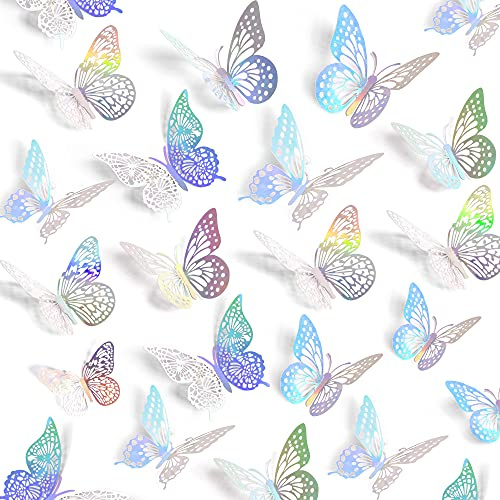SAOROPEB 3D Butterfly Wall Decor - 48 Pcs, 4 Styles, 3 Sizes - Removable Stickers (Laser)