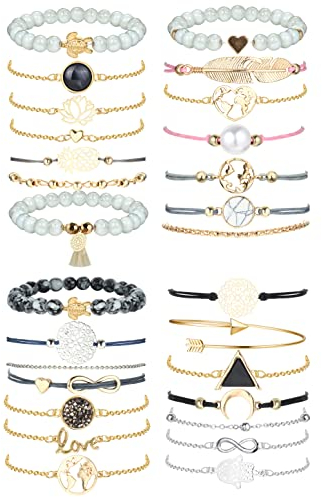 JeweBella 28 Pcs Bohemia Bracelet Set pour Femme Fille Réglable Manchette Layered Multi Bracelet Pendentif Forme Ronde Perles ​et Pompon Elastique Bracelet Cadeau Bijoux