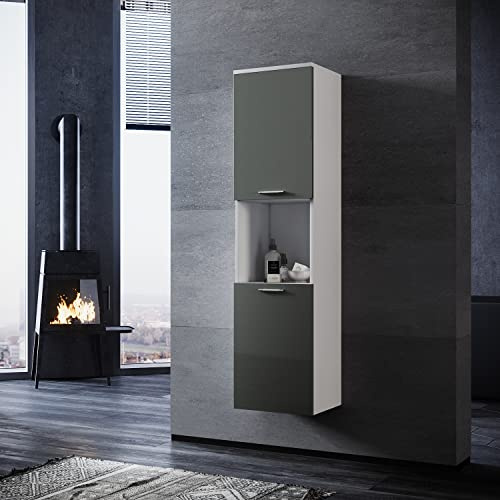 SONNI Badezimmerschrank Hochschrank Bad Badezimmermöbel Badschrank schmal Hochglanz grau 30cm breit hängend
