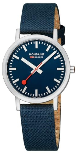 Mondaine Classic Uhr – 36mm Edelstahl, Tiefseeblau Zifferblatt, Recyceltes PET-Textilarmband, Schnellwechsel, Inspiriert von der Natur, Zeitloses Design