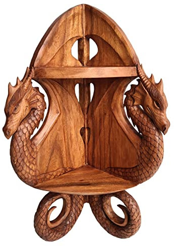 Windalf Hobbit-Style Drache Eck-Regal DRACONI 70 cm 2 Ablagen Rustikales Wandregal Bücherregal Küchenregal Handarbeit Holz