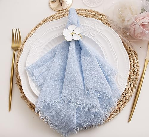 JINVASE Cloth Napkins with Fringe Set of 12,100% Soft Cotton, Gauze Washable Easter Napkins for Wedding Decorative Dinner Parties Spring, (16''*16'') Light Blue