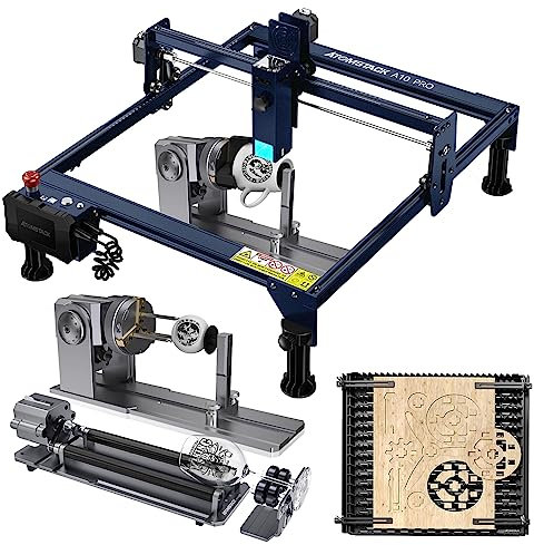 ATOMSTACK 50W A10 Pro Laser Graviermaschine 10W Ausgangsleistung CNC Laser Cutter mit R1 PRO Laser Rotationswalze, F3 Schutzplatte, Holz Gravieren Schneiden, Präziser Fokus, Offline Gravur