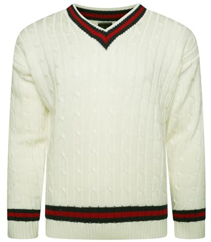VEARZ® Unisex Mens Womens V Neck Cricket Jumper | Adults Long Sleeve Stripe Cable Knitted Golf Sweater Sportswear Pullover Sweatshirt Jersey Top Cream L