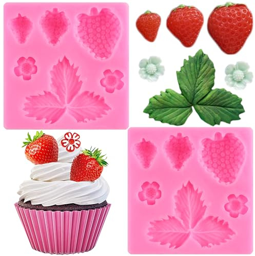 RFGHAC Erdbeer-Silikonform Erdbeerblumenblätter Fondantformen für Obstkuchendekoration Cupcake Topper Polymer Clay Candy Chocolate Gum Paste 2 Stück, ZB152CK