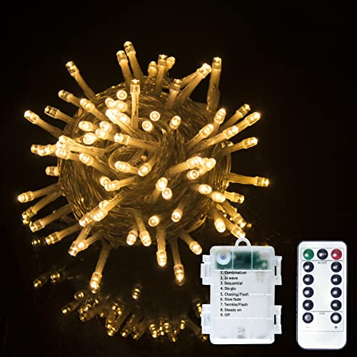 GHJ LED Batterie Lichterkette auf Durchsichtigem Kabel, Fernbedienung Batteriebetriebene Beleuchtung, für Weihnachten Baum Garten Hochzeit Feiertag Party (Warmweiß, 100LED)