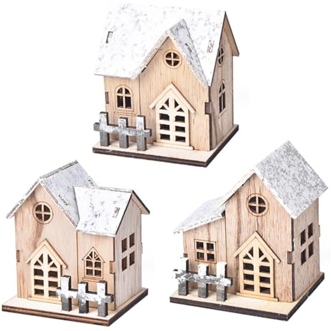 Baobiutin Set di natività di Natale set di villaggi natalizi 3 pezzi Led Light Up Wood Christmas Village Scene Battery Gestisce Mini Decorazioni per la casa di Natale, Set di villaggi di Natale