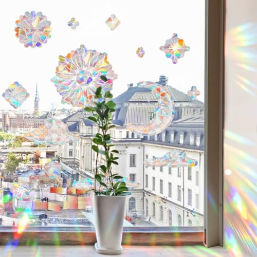 GORGECRAFT 15PCS Anti-Collision Window Clings Sun Moon Star Cloud Non Adhesive Rainbow Static Glass Stickers Plastic Reusable Suncatcher Window Decal Decoration Prismatic for Bird Strike Deterrent
