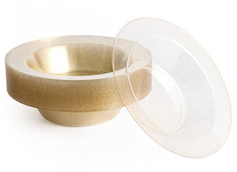 MATANA 25 Cuencos de Plástico Duro Transparente con Purpurina Dorada, 360ml - Cuencos Sopa, Platos Hondos para Bodas, Cumpleaños, Barbacoas, Fiestas - Resistentes y Reutilizables