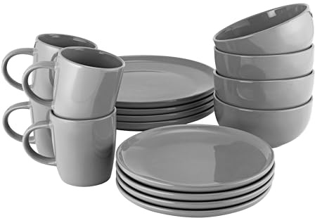 ProCook Stockholm Charcoal Grey Dinner Set with Mugs Stoneware Scandinavian Style Flat Base Dishwasher, Microwave & Oven Safe Dinnerware 16 Piece, 9.5/15.5/21/27 cm