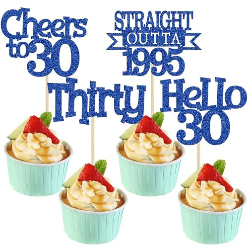 Ephlyn 24Pcs Happy 30th Birthday Cupcake Toppers Glitter Thirty Cupcake Picks Hello 30 Cheers to 30 Years Cake Decorations for 30th Birthday Anniversary Party Decorations Supplies Blue