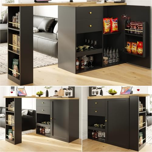 PUGSDRLY Table de Bar Extensible avec Espace de Rangement, Table Bar Cuisine Pivotant à 360°, Comptoir de Cuisine, 138-105x39x102cm, Noir (2 Tiroirs)
