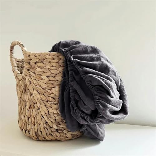 YLREAN Drap-Housse en Lin, Housse de Matelas, Linge de lit de Couleur Unie, draps de lit avec Bande élastique Double Queen Size, Drap de lit-Gris foncé-200x200x35cm