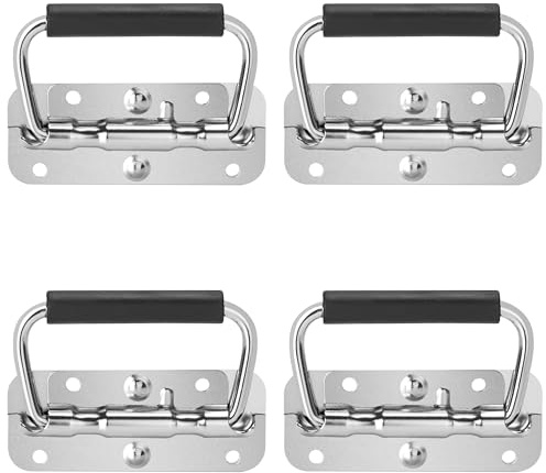 Poignée de Boîte Pliable, 4 Pièce Poignées de Caisse Pliantes Acier Inoxydable Poignée à Ressort avec Poignée en Caoutchouc pour Boîtes à Outils Ou Boîtes de Rangement,100x40mm (Argent)