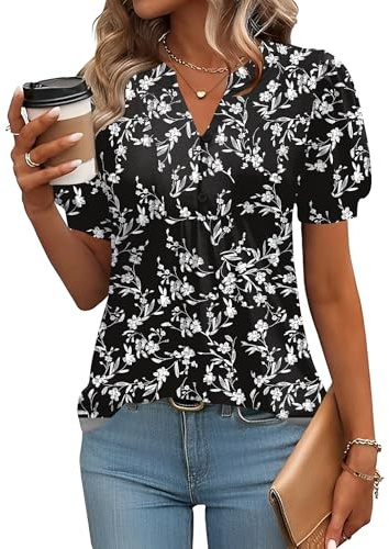 Rapbin Bluse Damen V-Ausschnitt Tunika Kurzarm Longtunika Bluse Falten Oberteil Locker Longshirt Weißen Blumen L