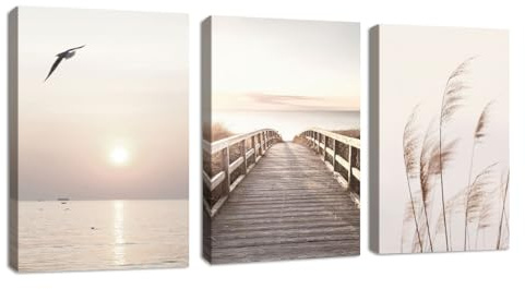 3 Teilig Strand Sonnenuntergang Bilder Set, Aesthetic Natur Landschaft Wandbilder mit Rahmen, Modern bild auf Leinwand Wandkunst Kunstdruck Deko für Wohnzimmer Schlafzimmer Küche Esszimmer 50x70x3