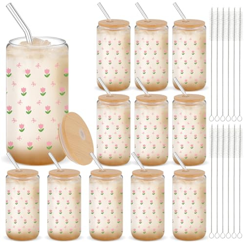 Yetene 12 Sets Aesthetic Drinking Glass Cups with Bamboo Lids and Straw Brushes 16oz Cute Print Glass Cups Iced Coffee Tea Beer Tumblers Christmas Coffee Gifts for Women(Tulip)
