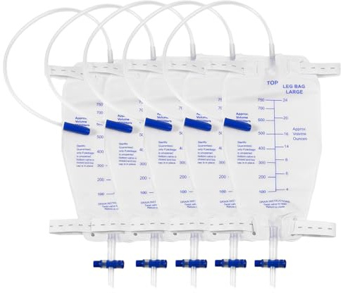 5pcs 750ML Urinary Drainage Bag, Urine Bag with Anti Reflux Chamber, Urine Drainage Bags with T-Tap Valve and 45cm Tube, Individually Sealed Urinal Night Bags (750, 5)
