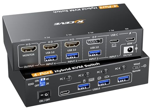 KVM Switch 1 Monitors 4 Computers (USBC+DP+2HDMI Input),4 Ports Hybrid KVM Switch Allow 4 PC Share 1 Monitors and 4 USB Devices Such as Keyboard Mouse Printer,with Power Adapter and Wired Remote