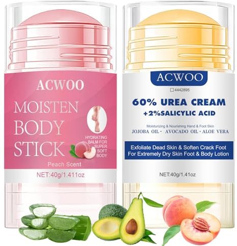 ACWOO 60 % urea-kräm, 2 st fotkräm med urea, reparationsstång, sprickade hälar, fuktgivande fotkräm, fotvårdskräm, för torra och spruckna fötter, händer, armbågar