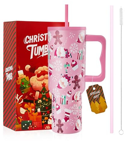 LeapYouth 40 oz Christmas Insulated Tumbler with Lid and Straw, Triple Walled Vacuum Christmas Water Bottle Travel Mug, Fit for Car Cup Holders, Keep Cold for 34 Hours, Pink Gingerbread Man