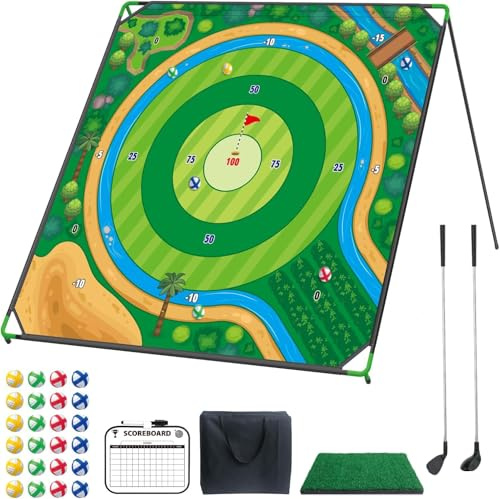 Mostop Großes Golf-Chipping-Spielset, 70“x70“große Chipping-Matte mit 20 klebrigen Bällen und 2 verstellbaren Schlägern,Indoor- und Outdoor-Golf-Training für den Garten, Rasen,Hofspiele