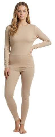 Palleon Set di biancheria intima termica da donna, in lana merino e funzionale, traspirante, termoregolante e inodore, biancheria intima da sci per inverno, sport e attività all'aperto, beige., L