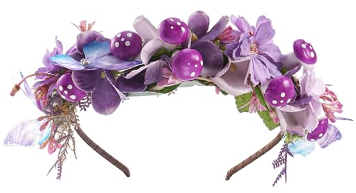 PartyforU Pilz Blumenkranz Haare Fliegenpilz Haarreif Kostüm Damen für Karneval Halloween Kostüm Lila Schmetterling Fee Krone Kopfschmuck