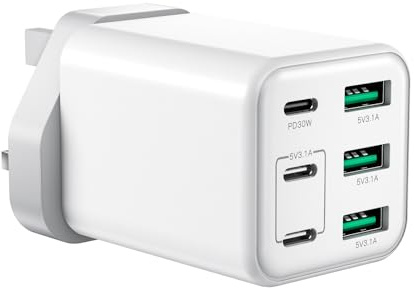 USB C Plug Fast Charge, UK 6 port Multi USB Charger Plug, 60W PD Fast Charging Block 3.1A Charge for iPhone 17/16/15/14/13/Pro/Max/SE/XS/Pad/Galaxy, Dual Port USBC Power Adaptor Type C Wall Head