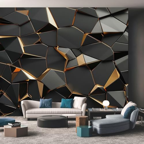 Generisch Vlies Fototapete Schwarz Gold Geometrisch 350x256 cm, Tapete Schwarz Gold Tapeten Vliestapete Wohnzimmer 3D Geometrie Schlafzimmer Wandtapete Ornamente Mustertapete W&17