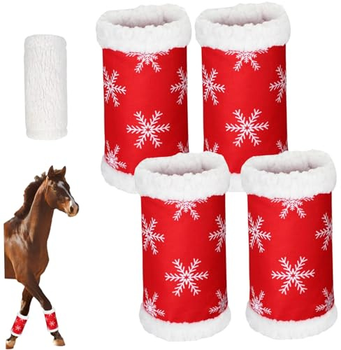 4 Stück Pferdebeinbandagen mit Weihnachtsmotiv, rotes Design, Pferdebeinbandagen, weiches, Dickes Plüschfutter, stehend, für Pferde mit Schlaufen- und Hakenband, Einheitsgröße für Weihnachtsdekorat