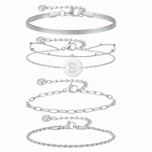 MPRAINBOW 4 Stück Armband mit Buchstaben - Armband Damen Set Silber 316L Edelstahl Armbänder Verstellbar, Geschichtet Armkette Initial Alphabet, Damen Schmuck Geschenke für Frauen Freundin Mädchen