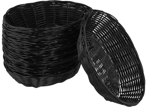CHIHEUNG 12 Stück Geflochtener Brotkorb, Ovaler Kunststoffkorb, Weidenkörbchen Klein 23x15x6.5cm, Brotkörbchen Schwarz, Stapelbarer Aufbewahrungskorb für Obst Hot Dogs, Pommes und Snacks
