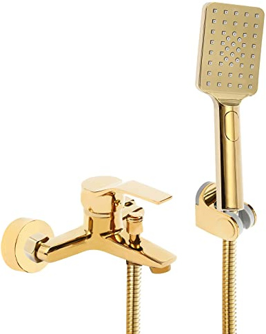 DAHAD Grifo de bañera dorado con ducha de mano, grifos de bañera con ducha, grifo mezclador de bañera con manguera de 1,5 m, montaje en pared, grifo de latón para baño, hotel, apartamento