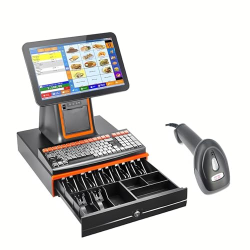 All-in-One Registrierkasse für Laden und Kiosk, Touchscreen POS Terminal i5 8GB 128GB, Inklusive Kassenlade und Barcodescanner, Rein Hardware Lösung(Black,58 tooth gear printer)