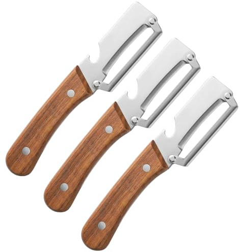 3 pezzi pelapatate multifunzionali, coltello da frutta manico in legno ciotola per patate in acciaio inossidabile, pelapatate 3 in 1 e apribottiglie, adatto per frutta, verdura e fette di carne