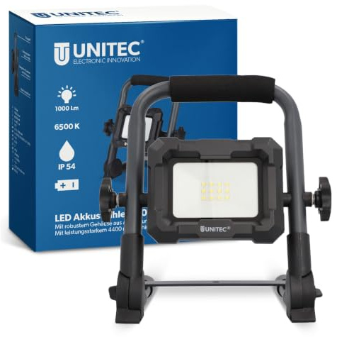 UNITEC LED Strahler mit Akku 10 Watt, 1000 Lumen, wiederaufladbar, Baustrahler, 6500 Kelvin, IP54, Sicherheitsglas, Lithium-Ionen-Akku, Energieeffizienzklasse C