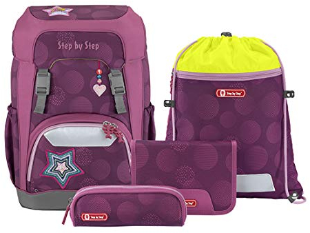 Step by Step Giant Schulranzen-Set „Glamour Star Astra“, 5-teilig, Beere, ergonomischer Tornister mit Reflektoren, höhenverstellbar mit Hüft- und Brustgurt, für Mädchen ab der 1. Klasse, 23 Liter