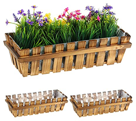 Relaxdays Blumenkasten, 3er Set, Holz, Lattenoptik, Fensterbank und Balkon, HxBxT 12 x 45 x 19,5 cm, Balkonkasten, Natur