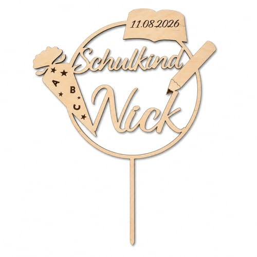 Cake Topper zur Einschulung mit Namen personalisiert Tortendekoration zum Schulanfang aus Holz (Holz Natur)