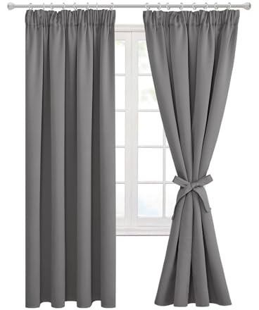Hiasan Grey Blackout Curtains for Bedroom Pencil Pleat Curtains for Living Room with Tiebacks Thermal Curtains 55 x 69 Inch 2 Panels