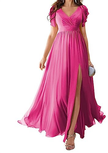 Vestido largo de dama de honor de gasa con cuello en V para mujer, vestido de fiesta formal plisado de abertura alta 2023, fucsia, 56