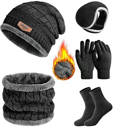 Vijamiy Set de Bufanda Gorro y Guantes Gorro de Forro Polar de Invierno Bufanda Punto Guantes de Pantalla Táctil Orejeras de Cálida Calcetines Viene con Caja de Regalo(Negro)