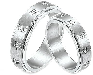 Gualiy Partner Ringe Titan mit Gravur, Eheringe Freundschaftsringe 6mm Silber Spinner Ring Mond Stern mit Zirkonia Ringe Damen 57 (18.1)+ Herren 60 (19.1)