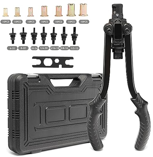 COSTWAY Rivet Gun, 13 Professional Rivet Nut Tool with M3 M4 M5 M6 M8 M10 M12 Metric 7 Mandrels, 70pcs Rivnuts & Carrying Case, Heavy Duty Labor Saving Hand Riveter Pliers Set
