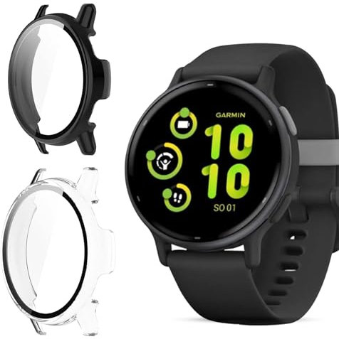 Vanrain Coque pour Garmin Vivoactive 5, 2 Pièces Couverture Totale PC Coque Anti-Rayure Bumper Protecteur Étui con Protection écran Verre Trempé 9H Dureté Haute Définition, Transparent+Noir